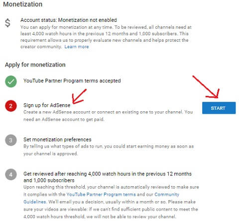 step 6: linking adsense account on youtube